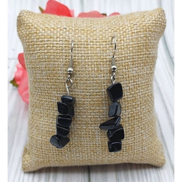 Stone Multi Strand Artisan Statement Necklace &  Earrings Black Chip Stone - Picture 10 of 11